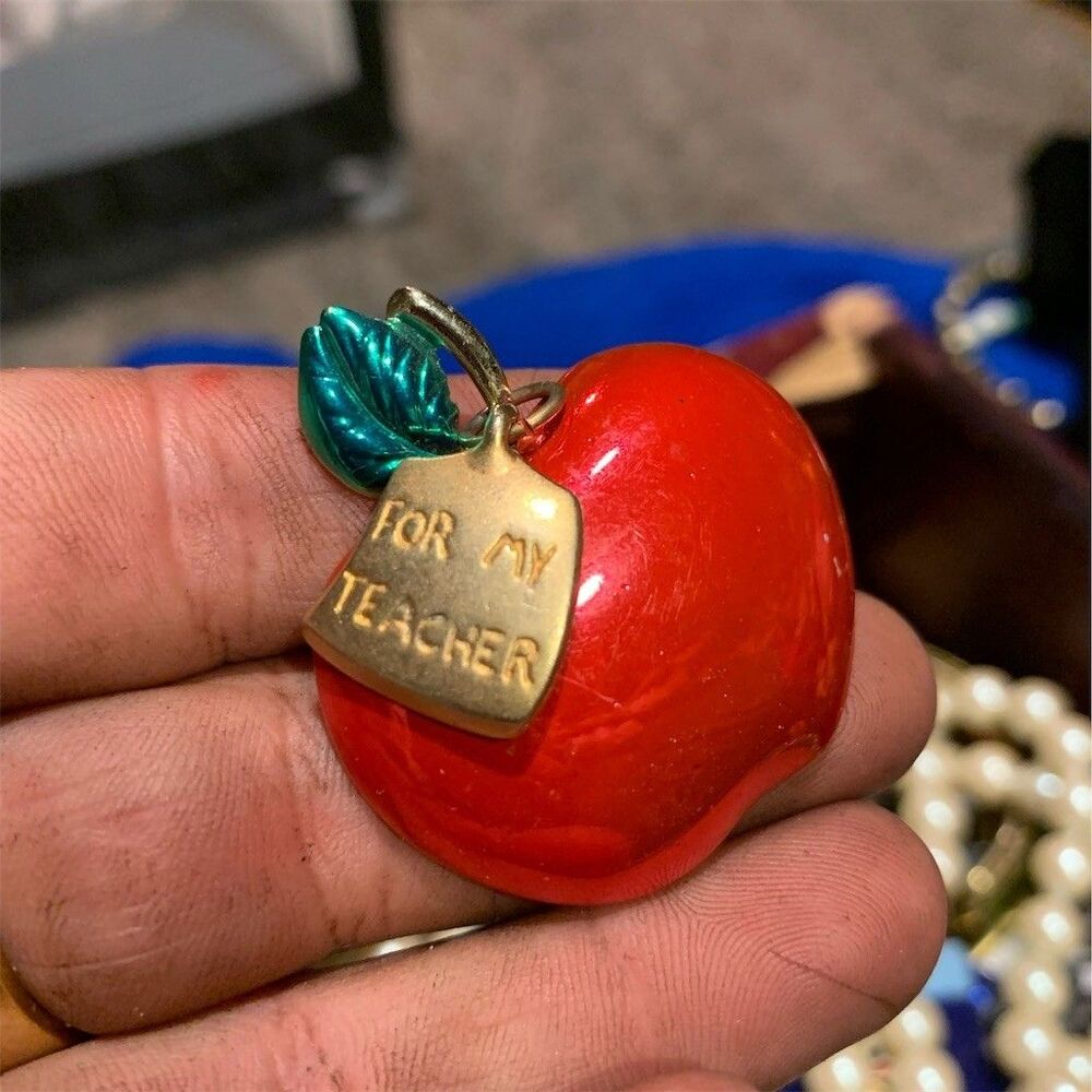 Vintage Red Apple “For My Teacher” Brooch Pin Green Leaf Dangle Charm